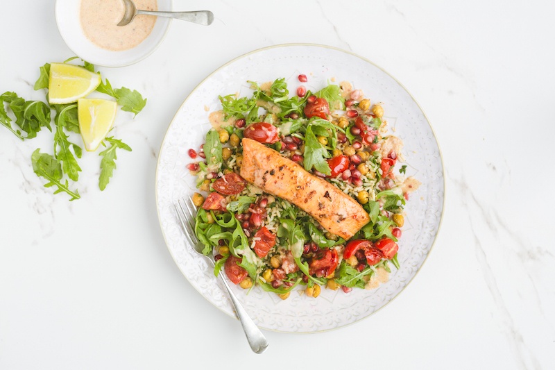 Moroccan salmon, pomegranate & roasted chickpeas